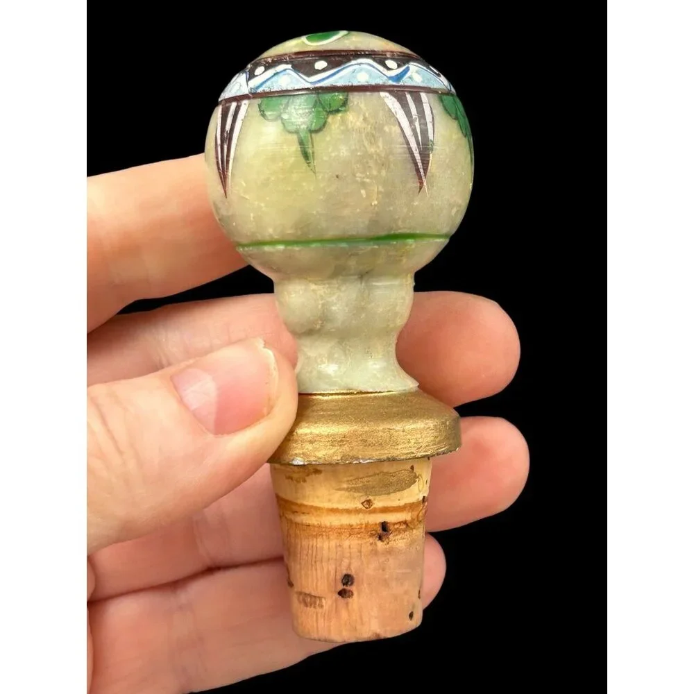 Vintage Set 2 Hand Painted Etched Marble Stone Wine Bottle Stoppers Barware BOHO - Picture 3 of 10